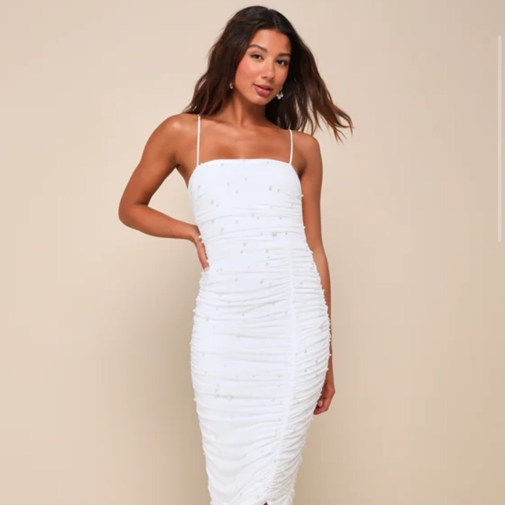 Lulus Toast To Romance White Ruched Pearl Bodycon Midi Dress - Size S